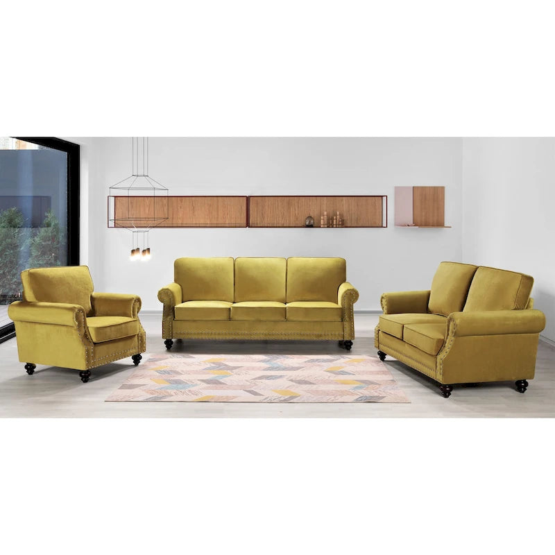 Ramos 3-teiliges Samt-Set mit Nagelkopfverzierung – Loveseat, Sofa und Sessel