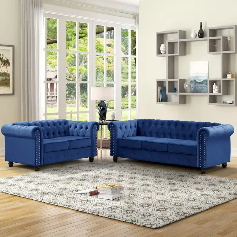 Morden Fort Classic: divanetto e divano Chesterfield imbottiti in velluto trapuntato con borchie, 2 pezzi, per il soggiorno