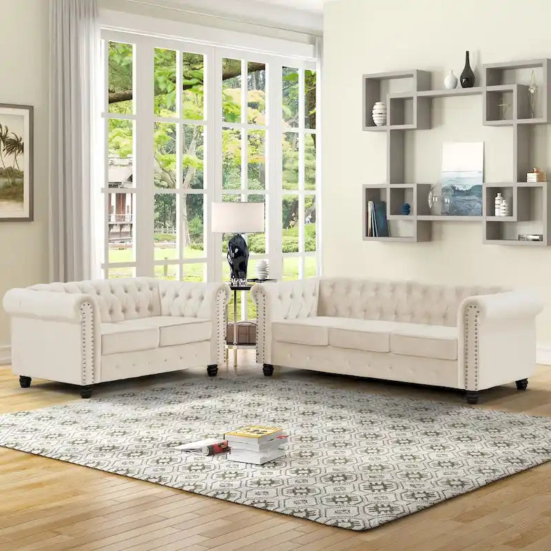 Morden Fort Classic: divanetto e divano Chesterfield imbottiti in velluto trapuntato con borchie, 2 pezzi, per il soggiorno