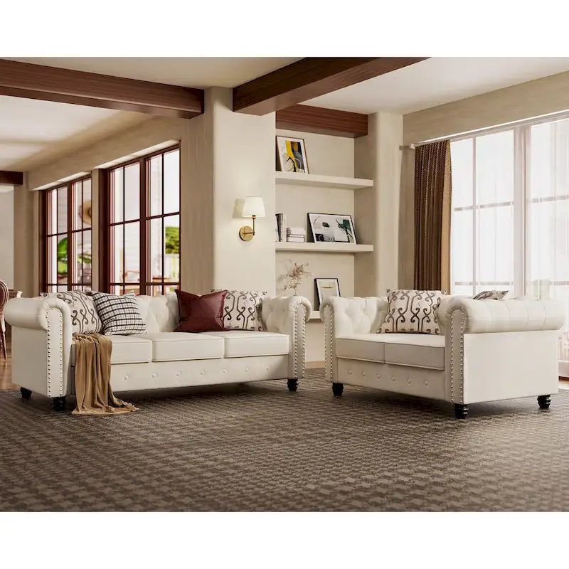 Ensemble de canapé et causeuse de style Chesterfield classique Morden Fort, revêtement en velours capitonné, 2 pièces, avec clous décoratifs, pour le salon