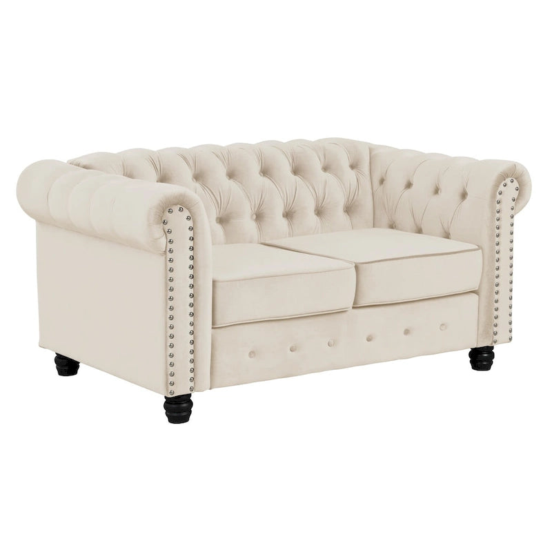 Morden Fort Classic: divanetto e divano Chesterfield imbottiti in velluto trapuntato con borchie, 2 pezzi, per il soggiorno