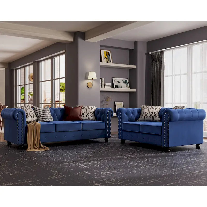Morden Fort Classic: divanetto e divano Chesterfield imbottiti in velluto trapuntato con borchie, 2 pezzi, per il soggiorno