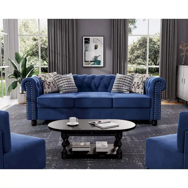 Morden Fort Classic: divanetto e divano Chesterfield imbottiti in velluto trapuntato con borchie, 2 pezzi, per il soggiorno
