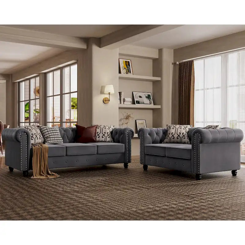 Morden Fort Classic: divanetto e divano Chesterfield imbottiti in velluto trapuntato con borchie, 2 pezzi, per il soggiorno