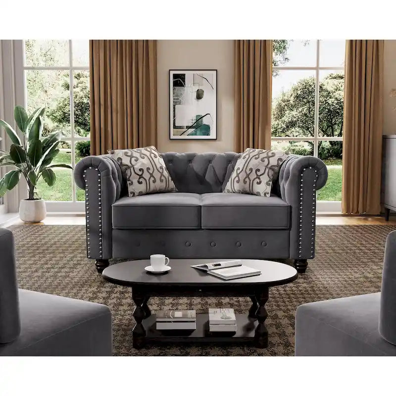 Ensemble de canapé et causeuse de style Chesterfield classique Morden Fort, revêtement en velours capitonné, 2 pièces, avec clous décoratifs, pour le salon