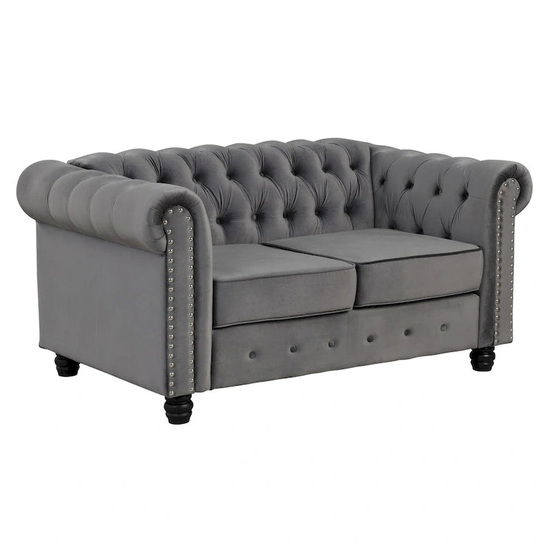 Ensemble de canapé et causeuse de style Chesterfield classique Morden Fort, revêtement en velours capitonné, 2 pièces, avec clous décoratifs, pour le salon