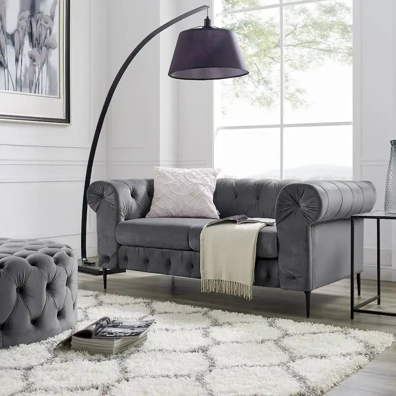 Corvus Prato Tufted Velvet Chesterfield Loveseat Sofa with Rolled Arms