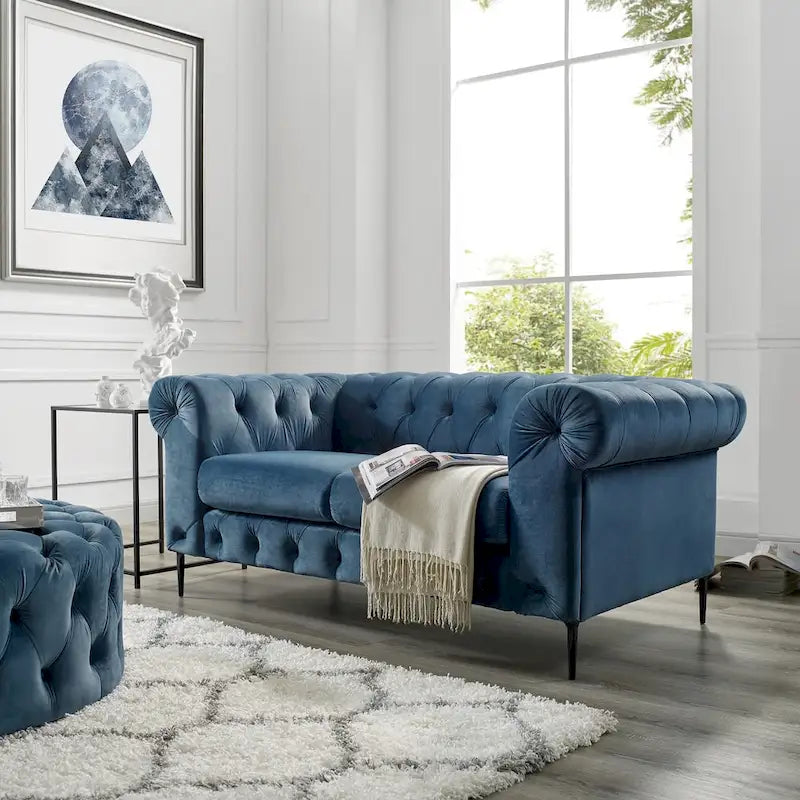 Corvus Prato Tufted Velvet Chesterfield Loveseat Sofa with Rolled Arms