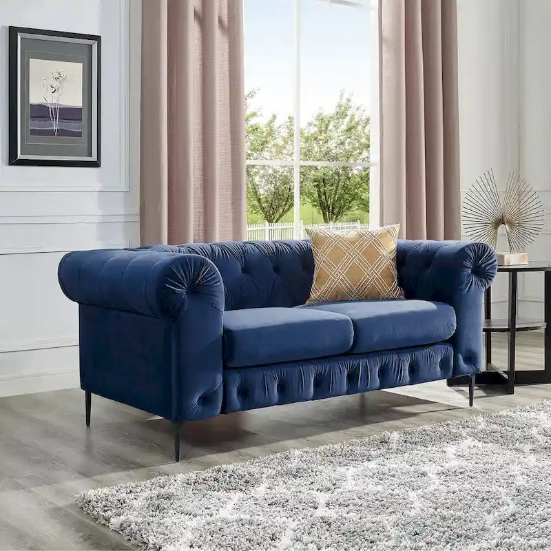 Corvus Prato Tufted Velvet Chesterfield Loveseat Sofa with Rolled Arms