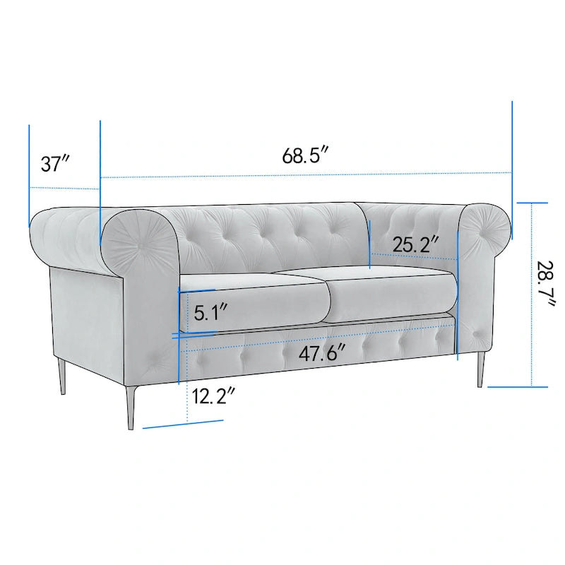 Corvus Prato Tufted Velvet Chesterfield Loveseat Sofa with Rolled Arms