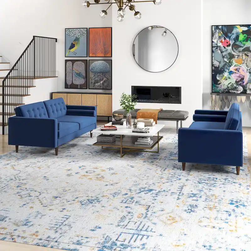 Kenzo fluwelen bank- en loveseatset in mid-century-stijl met kussenrug