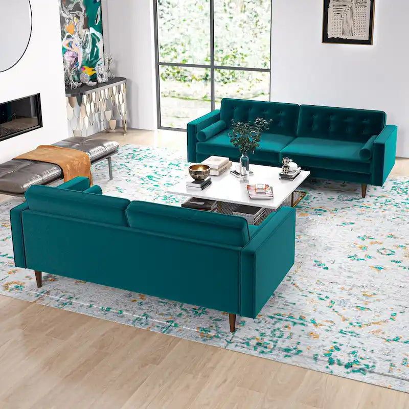 Kenzo fluwelen bank- en loveseatset in mid-century-stijl met kussenrug