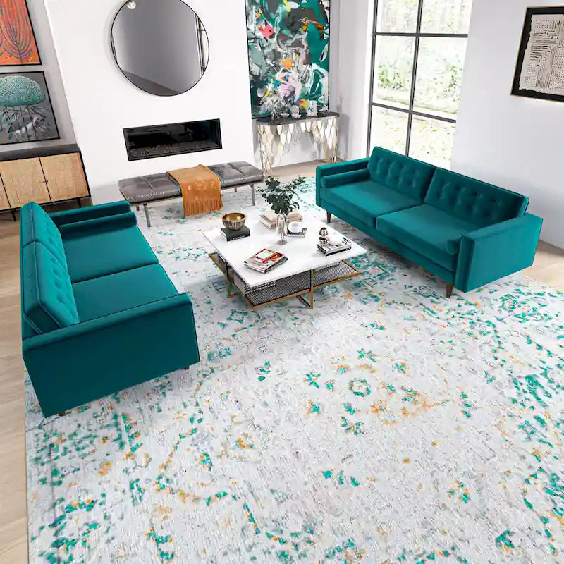 Kenzo fluwelen bank- en loveseatset in mid-century-stijl met kussenrug