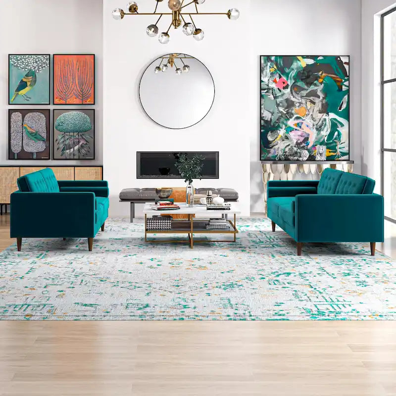 Kenzo fluwelen bank- en loveseatset in mid-century-stijl met kussenrug