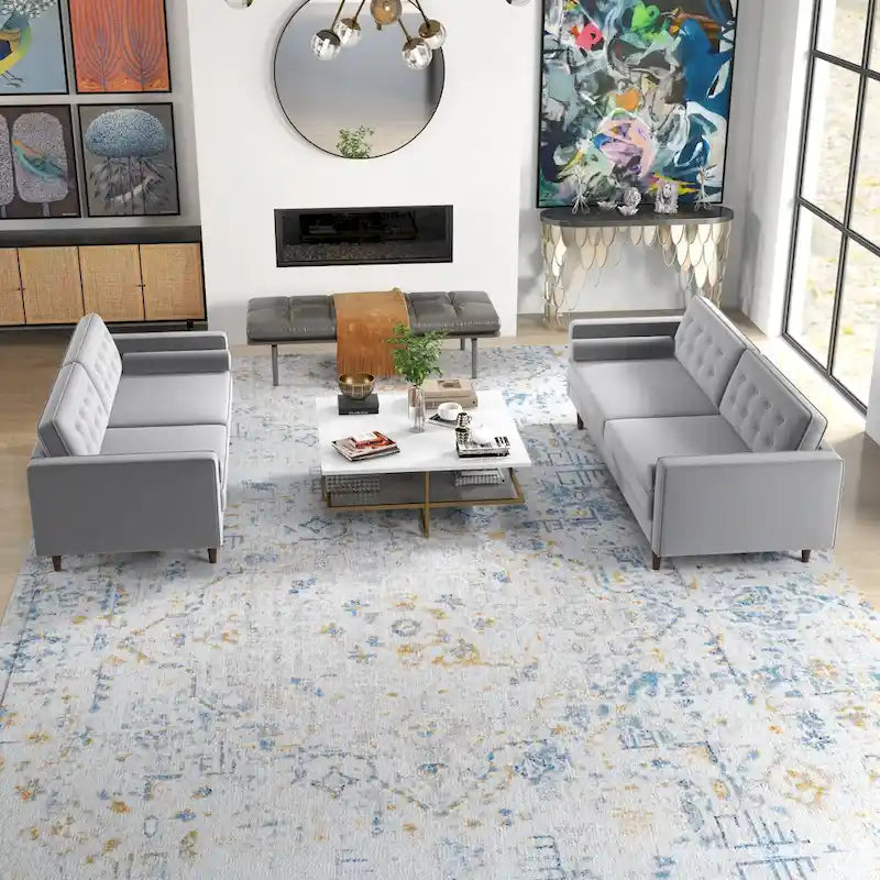 Kenzo fluwelen bank- en loveseatset in mid-century-stijl met kussenrug
