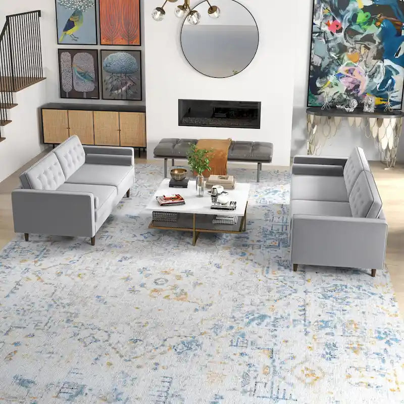 Kenzo fluwelen bank- en loveseatset in mid-century-stijl met kussenrug