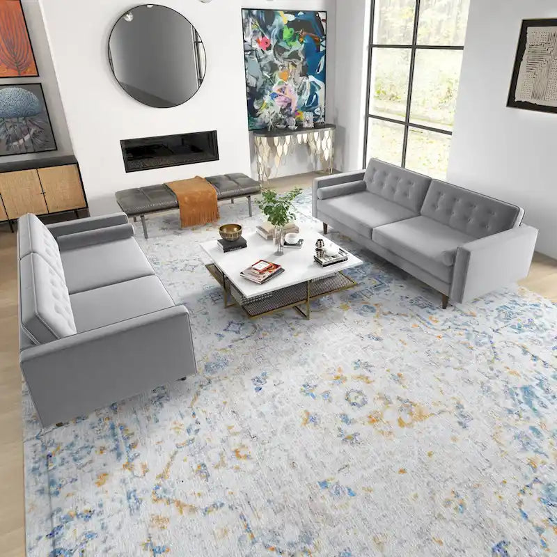 Kenzo fluwelen bank- en loveseatset in mid-century-stijl met kussenrug