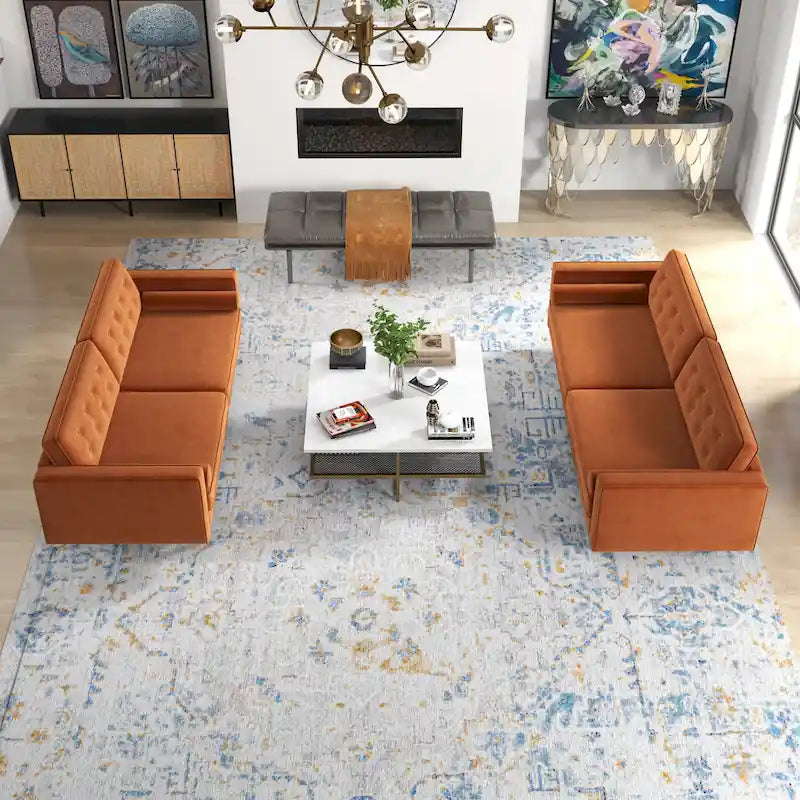 Kenzo fluwelen bank- en loveseatset in mid-century-stijl met kussenrug