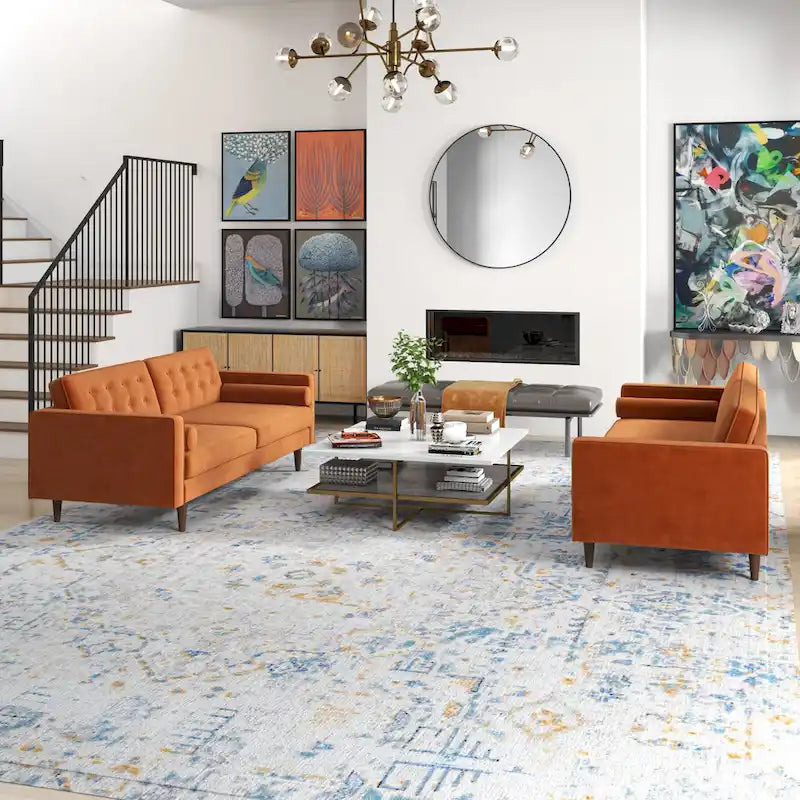 Kenzo fluwelen bank- en loveseatset in mid-century-stijl met kussenrug
