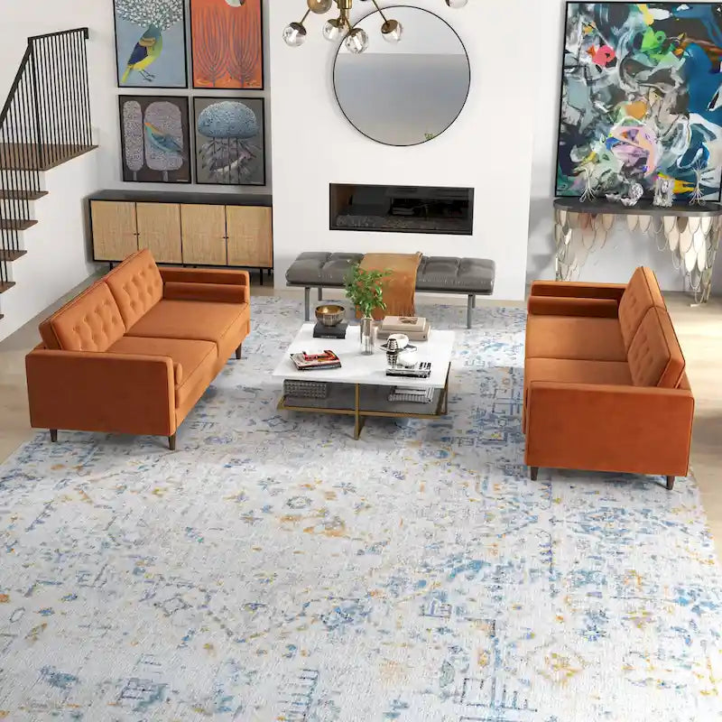 Kenzo fluwelen bank- en loveseatset in mid-century-stijl met kussenrug