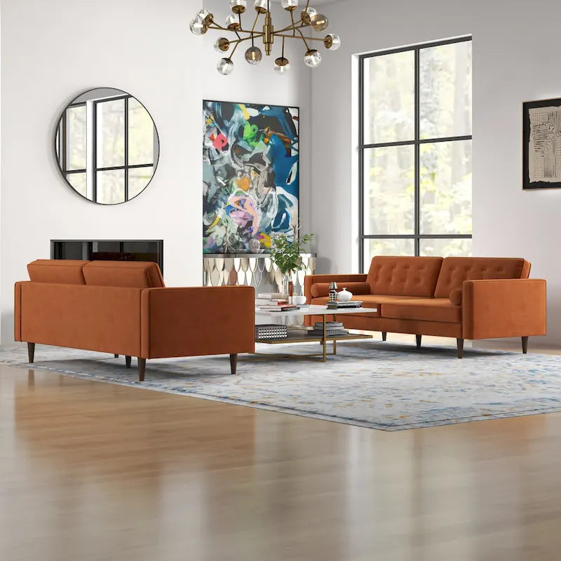 Kenzo fluwelen bank- en loveseatset in mid-century-stijl met kussenrug