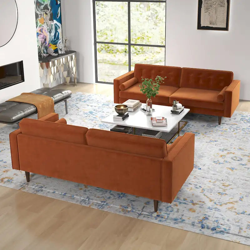 Kenzo fluwelen bank- en loveseatset in mid-century-stijl met kussenrug