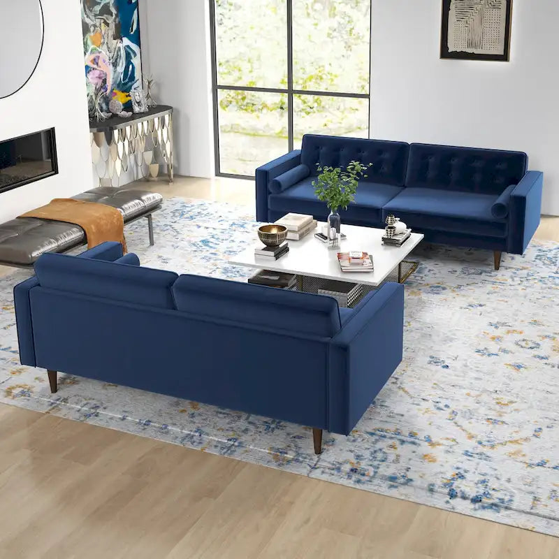 Kenzo fluwelen bank- en loveseatset in mid-century-stijl met kussenrug