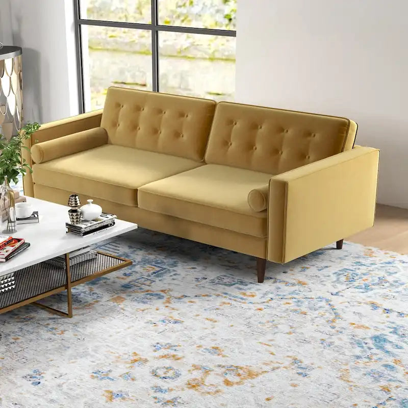 Kenzo fluwelen bank- en loveseatset in mid-century-stijl met kussenrug