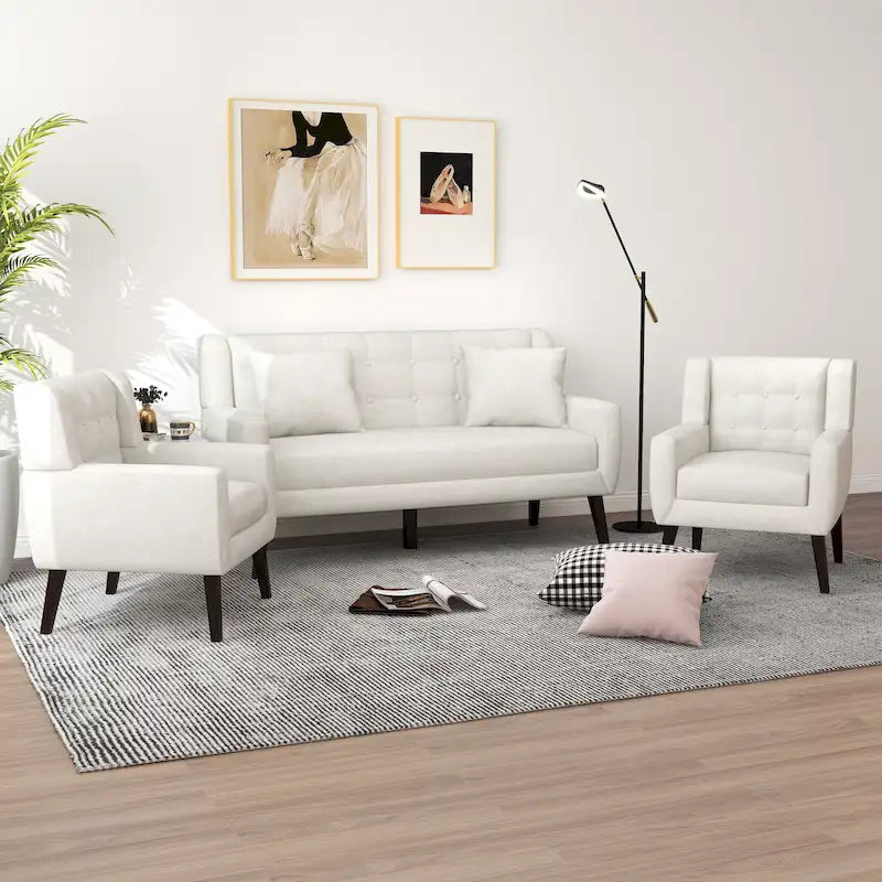 Pikowana sofa dwuosobowa z lnu i bawełny z 2 krzesłami dekoracyjnymi