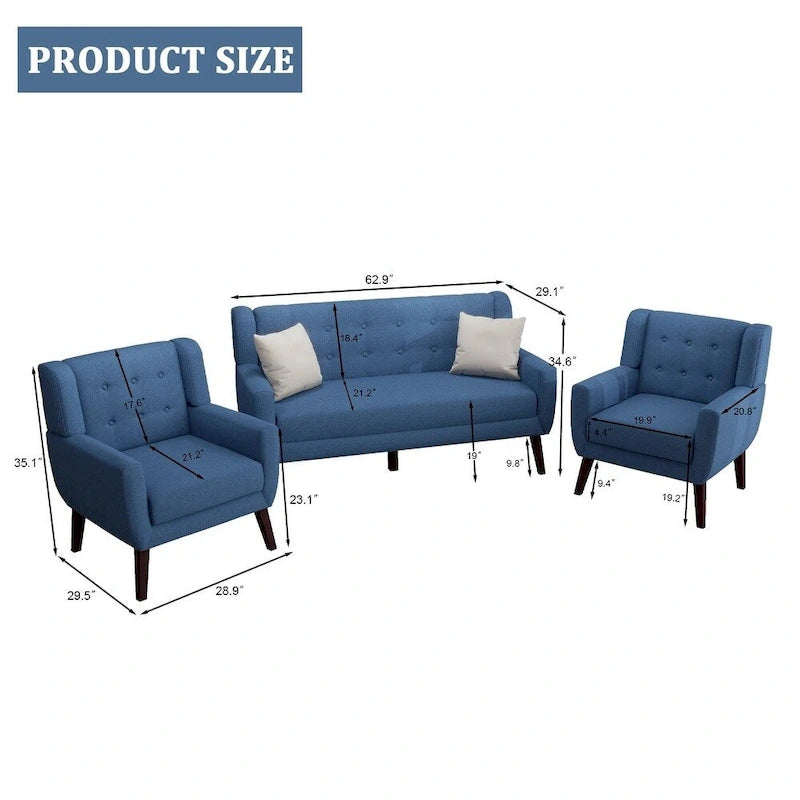 Pikowana sofa dwuosobowa z lnu i bawełny z 2 krzesłami dekoracyjnymi