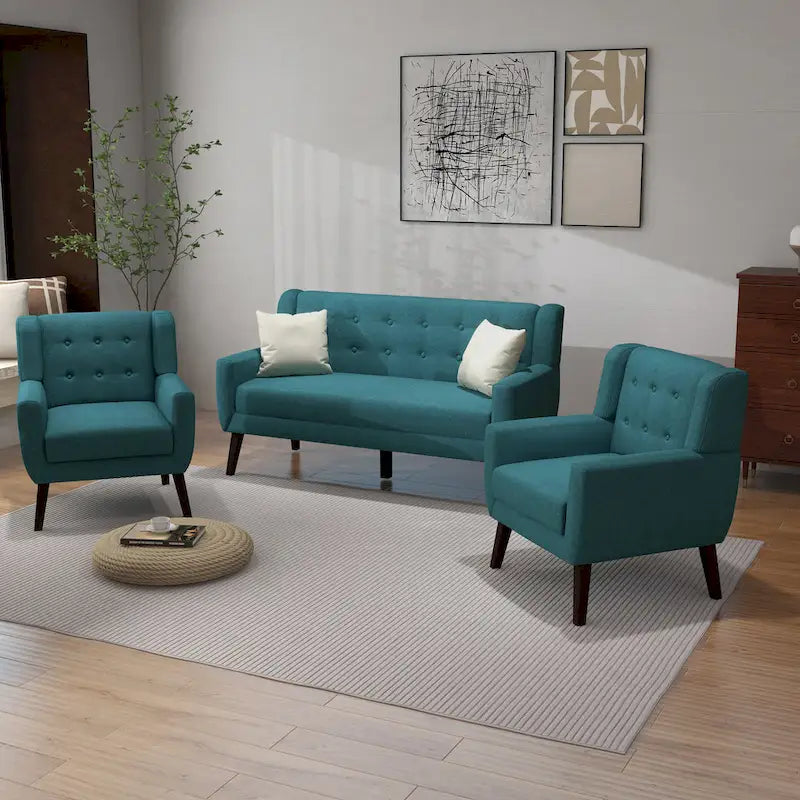 Pikowana sofa dwuosobowa z lnu i bawełny z 2 krzesłami dekoracyjnymi