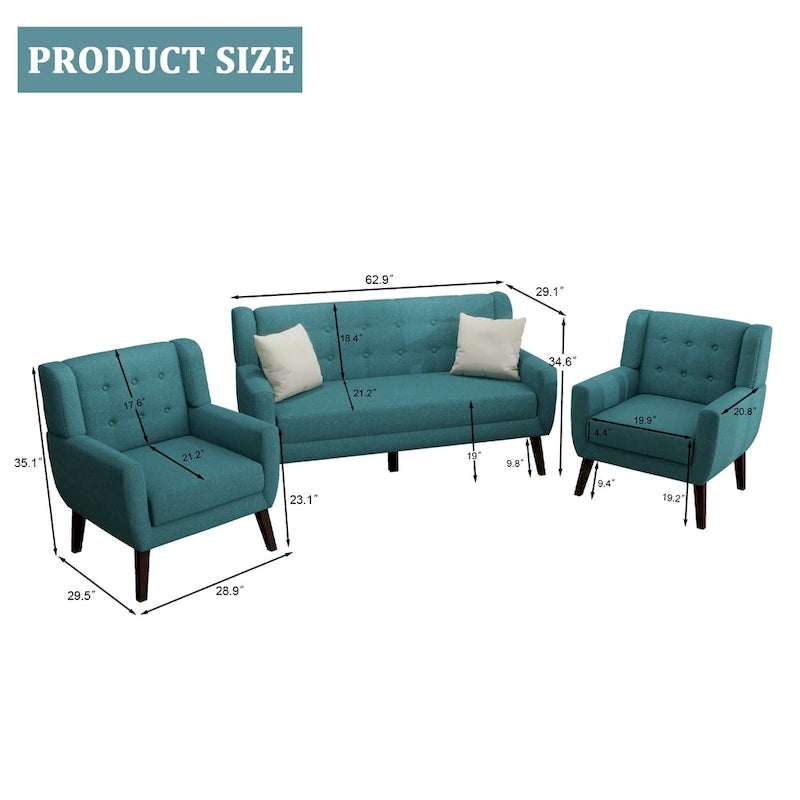 Pikowana sofa dwuosobowa z lnu i bawełny z 2 krzesłami dekoracyjnymi