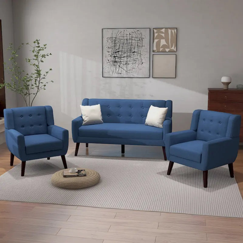 Pikowana sofa dwuosobowa z lnu i bawełny z 2 krzesłami dekoracyjnymi