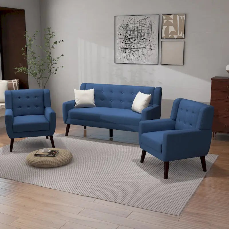 Pikowana sofa dwuosobowa z lnu i bawełny z 2 krzesłami dekoracyjnymi