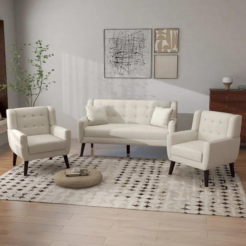 Pikowana sofa dwuosobowa z lnu i bawełny z 2 krzesłami dekoracyjnymi