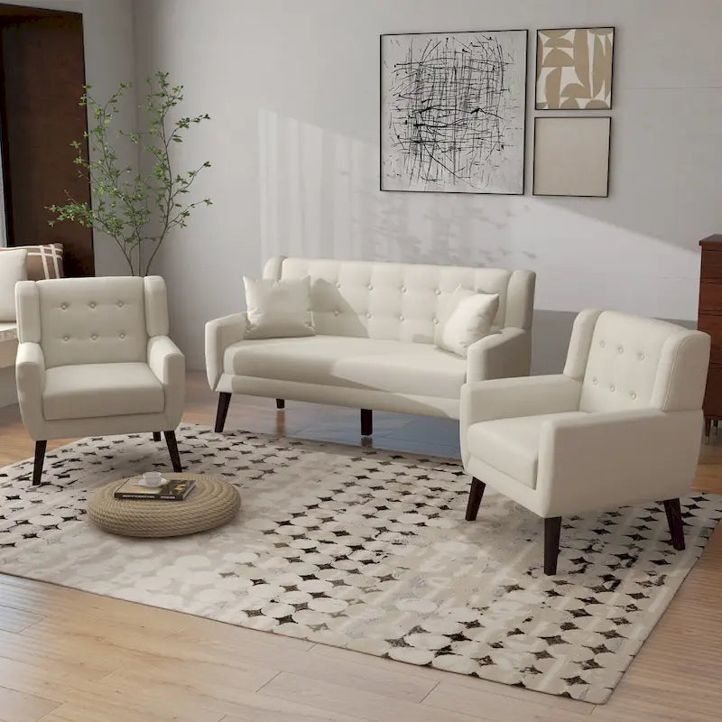 Pikowana sofa dwuosobowa z lnu i bawełny z 2 krzesłami dekoracyjnymi