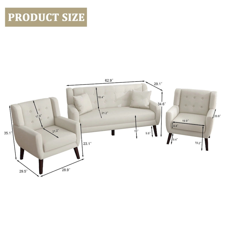 Pikowana sofa dwuosobowa z lnu i bawełny z 2 krzesłami dekoracyjnymi