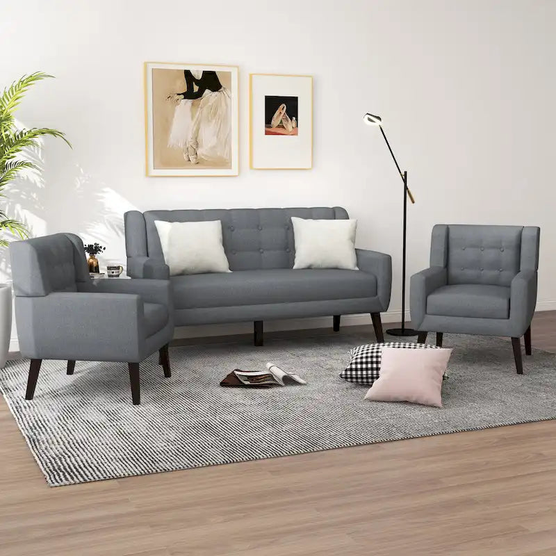 Pikowana sofa dwuosobowa z lnu i bawełny z 2 krzesłami dekoracyjnymi