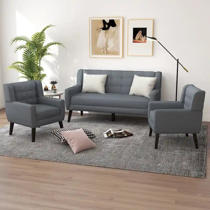 Pikowana sofa dwuosobowa z lnu i bawełny z 2 krzesłami dekoracyjnymi