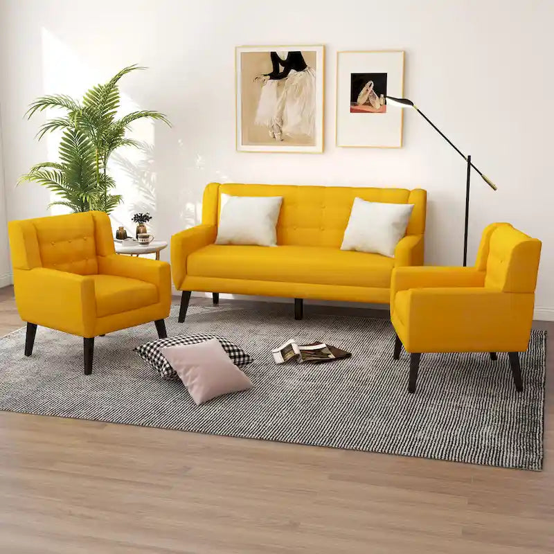 Pikowana sofa dwuosobowa z lnu i bawełny z 2 krzesłami dekoracyjnymi