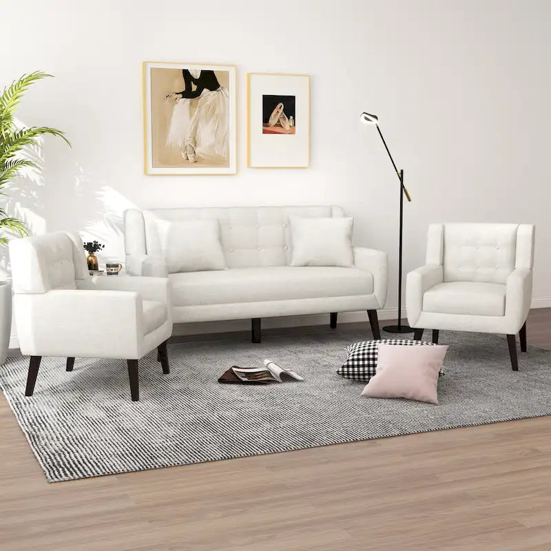 Pikowana sofa dwuosobowa z lnu i bawełny z 2 krzesłami dekoracyjnymi