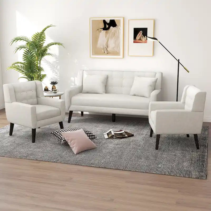 Pikowana sofa dwuosobowa z lnu i bawełny z 2 krzesłami dekoracyjnymi