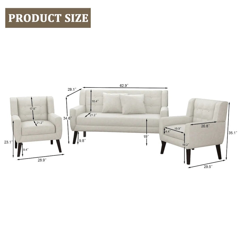 Pikowana sofa dwuosobowa z lnu i bawełny z 2 krzesłami dekoracyjnymi