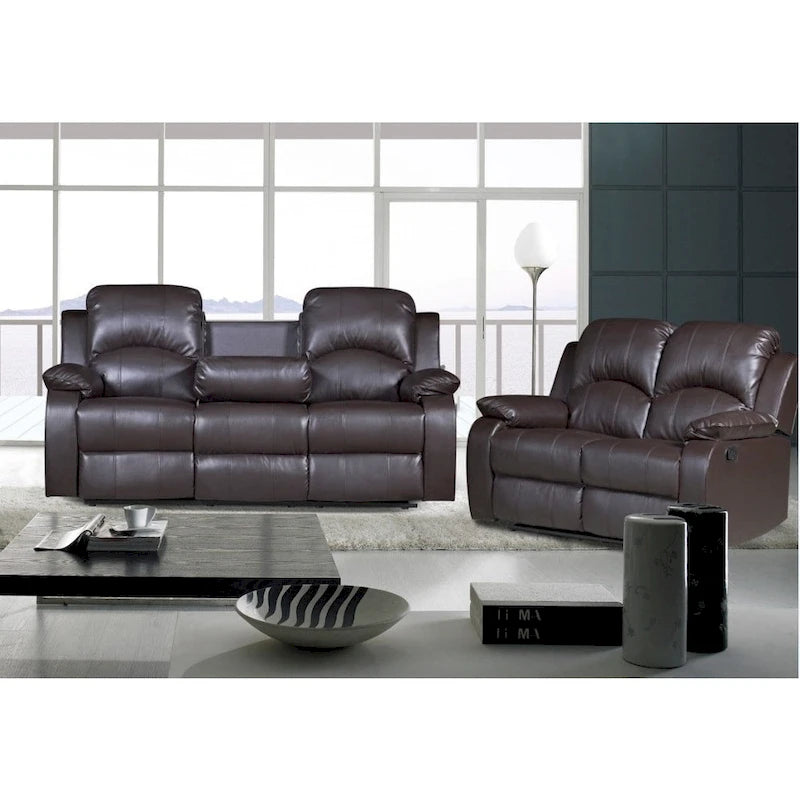 Conjunto de 2 piezas de sofá reclinable y sofá de dos plazas de cuero regenerado Nadia