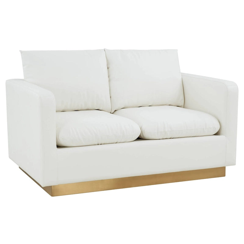 LeisureMod Nervo Modern Leather Loveseat With Gold Base & Cushions - 55.9