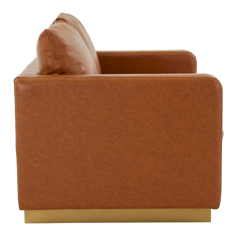 LeisureMod Nervo Modern Leather Loveseat With Gold Base & Cushions - 55.9