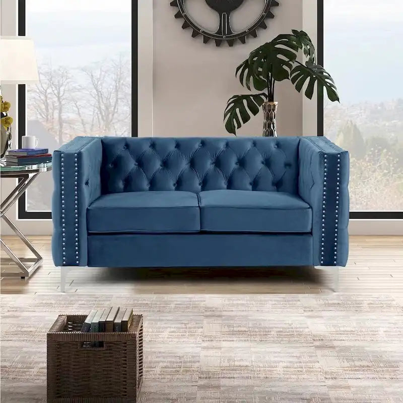 Morden Fort modernes 2-teiliges Zweisitzer- und Sofaset mit beigem Samtbezug und Eisenbeinen