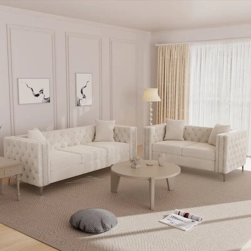 Morden Fort modernes 2-teiliges Zweisitzer- und Sofaset mit beigem Samtbezug und Eisenbeinen