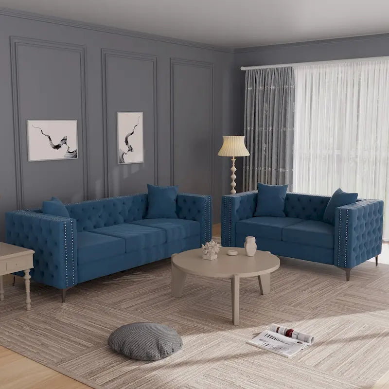 Morden Fort modernes 2-teiliges Zweisitzer- und Sofaset mit beigem Samtbezug und Eisenbeinen