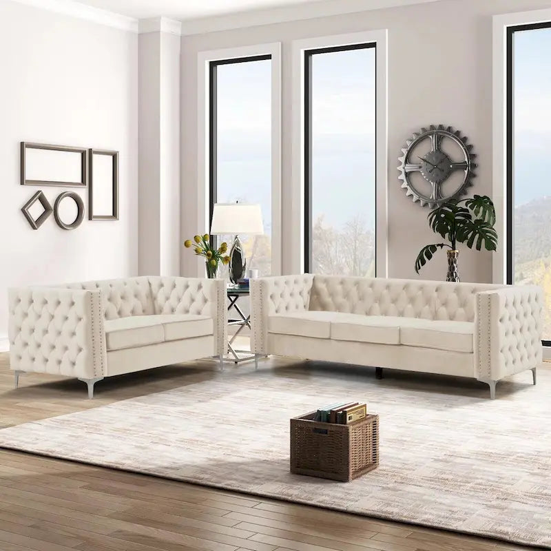 Morden Fort modernes 2-teiliges Zweisitzer- und Sofaset mit beigem Samtbezug und Eisenbeinen